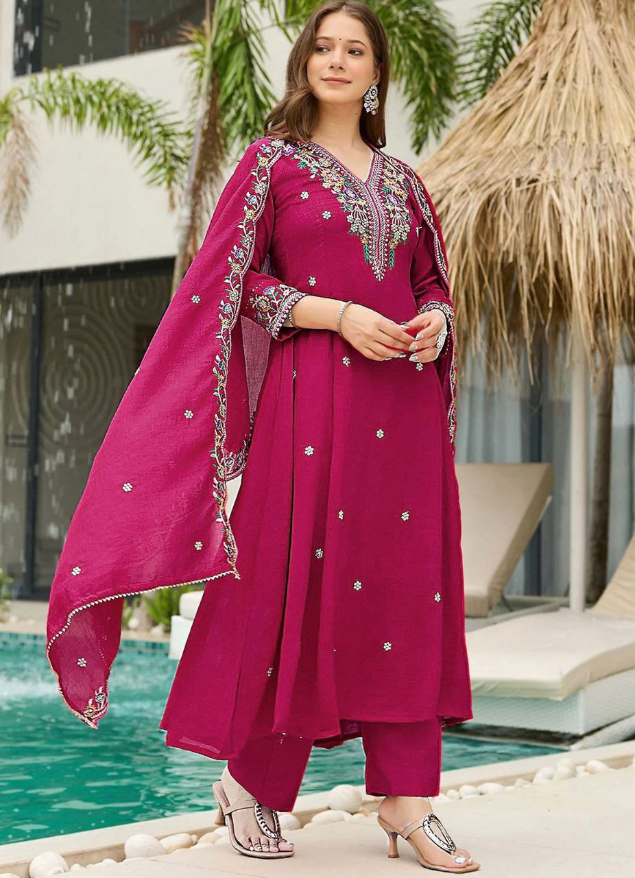 Elegant Vichitra Silk Embroidered Anarkali Kurta Set with Dupatta