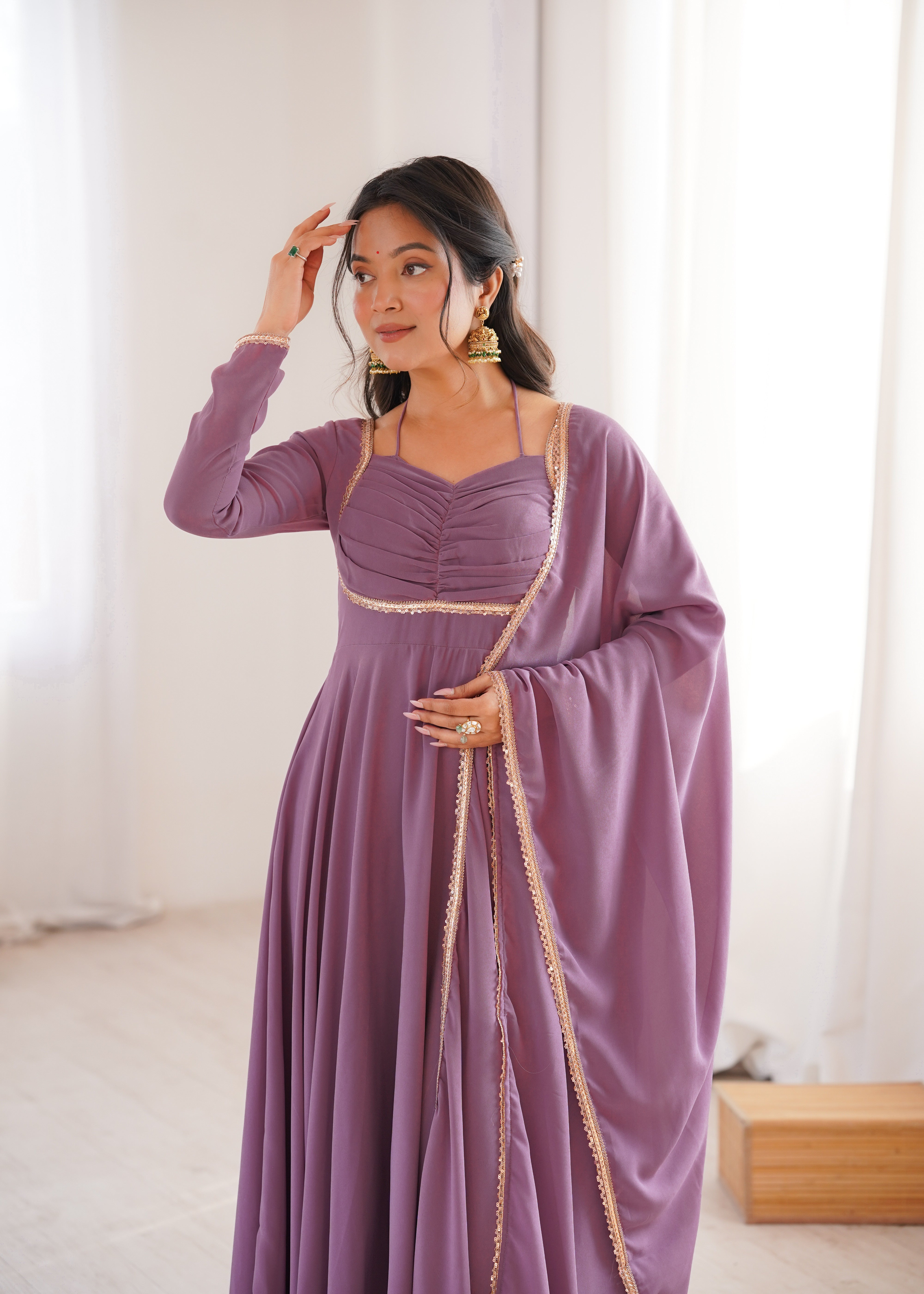 Mauve Pink Fox Georgette Umbrella Flair Fancy Neck Gown With Dupatta