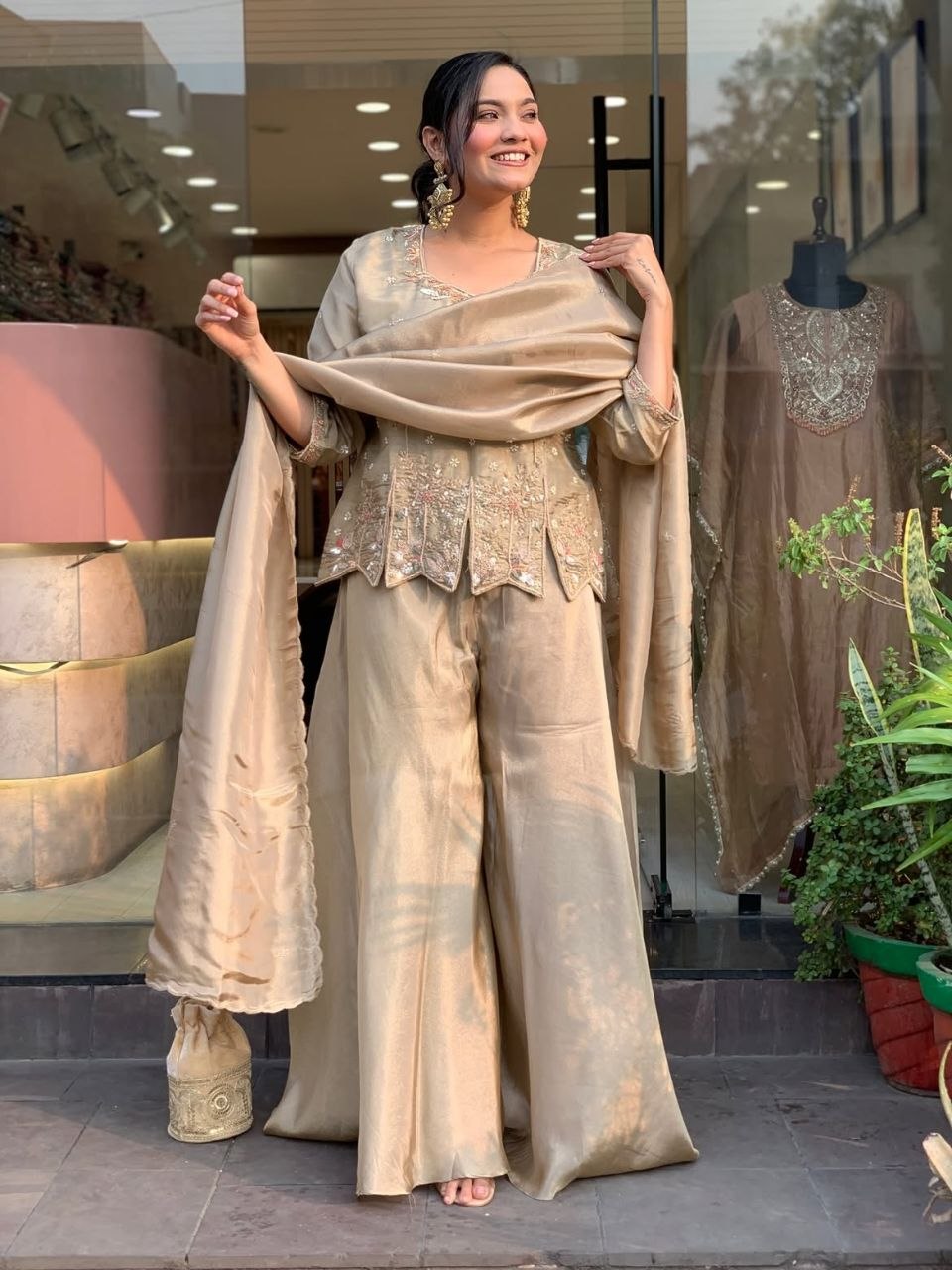 Festive Cream Silk Peplum Kurti & Sharara Suit with Matching Potli Bag
