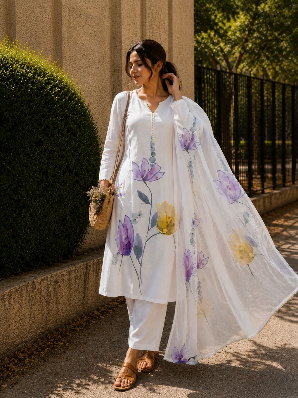Ivory Floral Printed Kurta Set with Dupatta Elegant Ethnic Wear