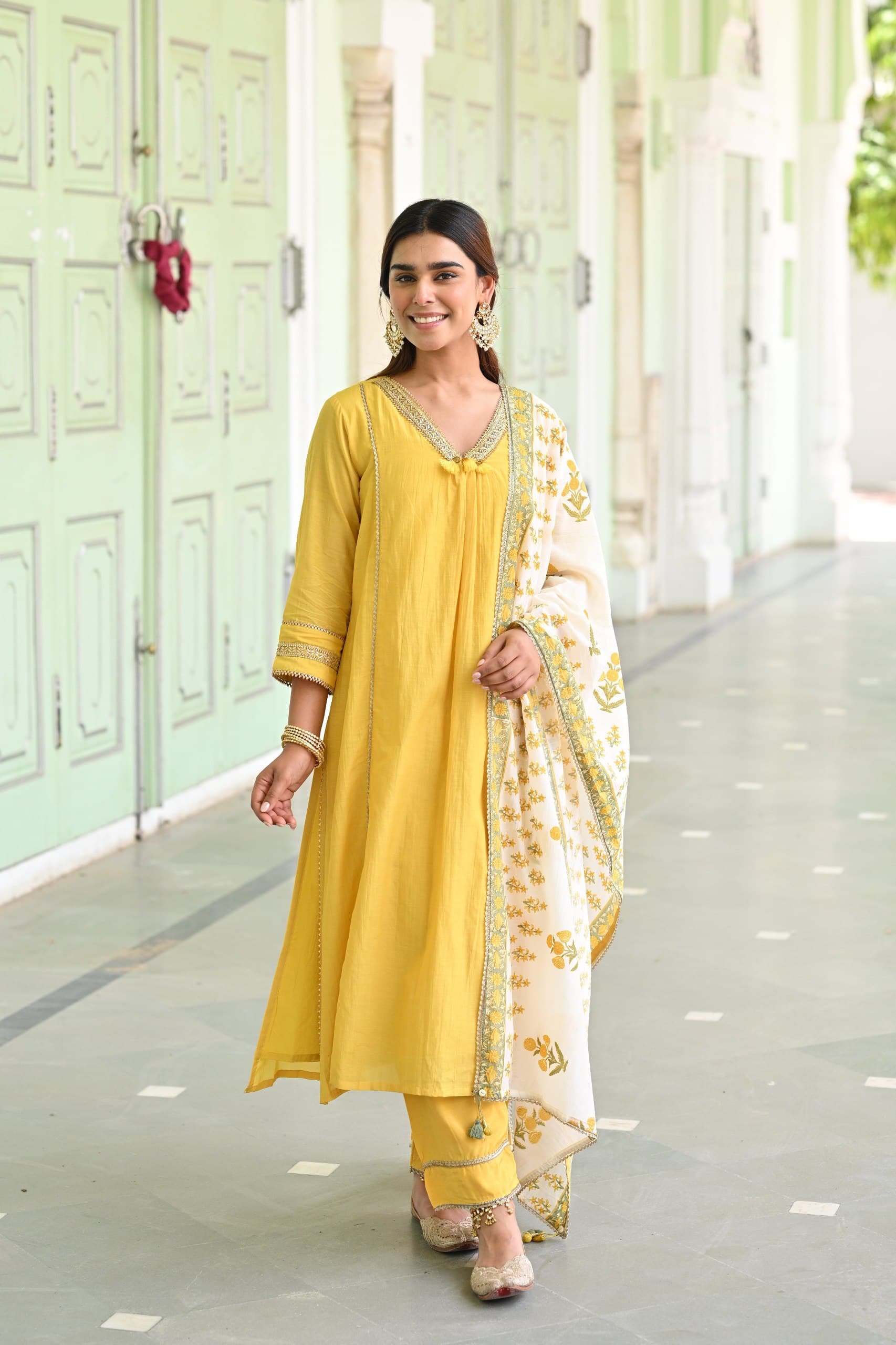 Elegant Yellow Ethnic Kurta Pant Dupatta Set for Women