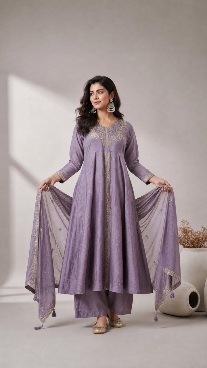 Lavender Embroidered Anarkali Kurta Palazzo Set with Dupatta
