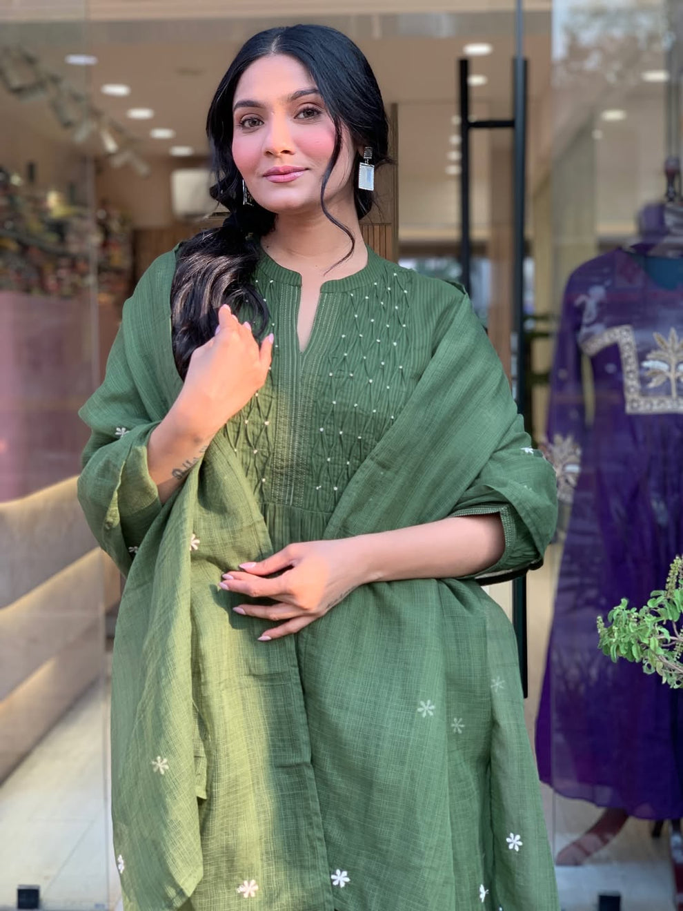 Olive Green Cotton Blend Embroidered Kurta With Pant & Dupatta Set