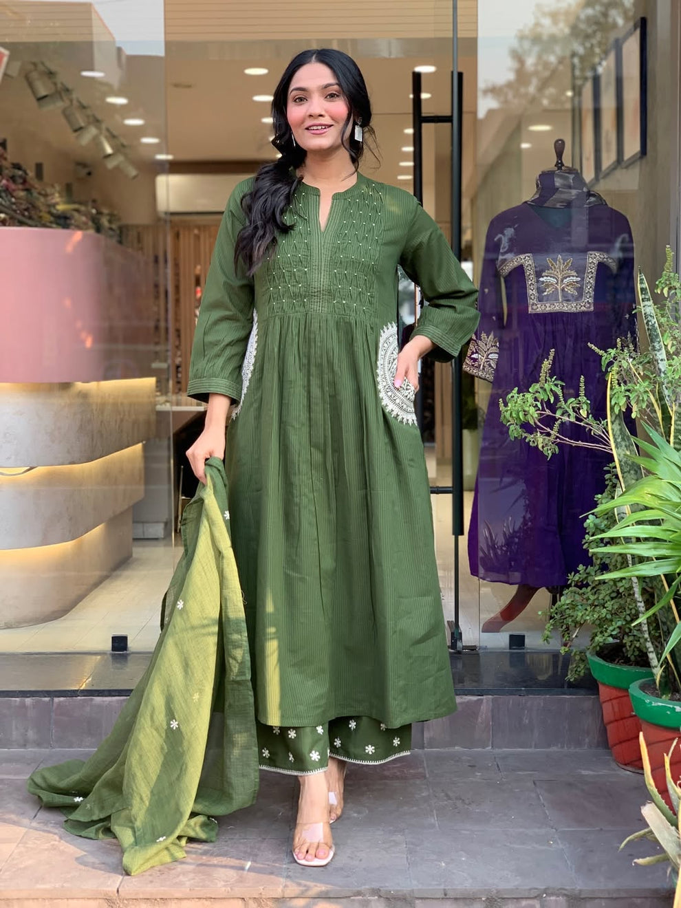 Olive Green Cotton Blend Embroidered Kurta With Pant & Dupatta Set