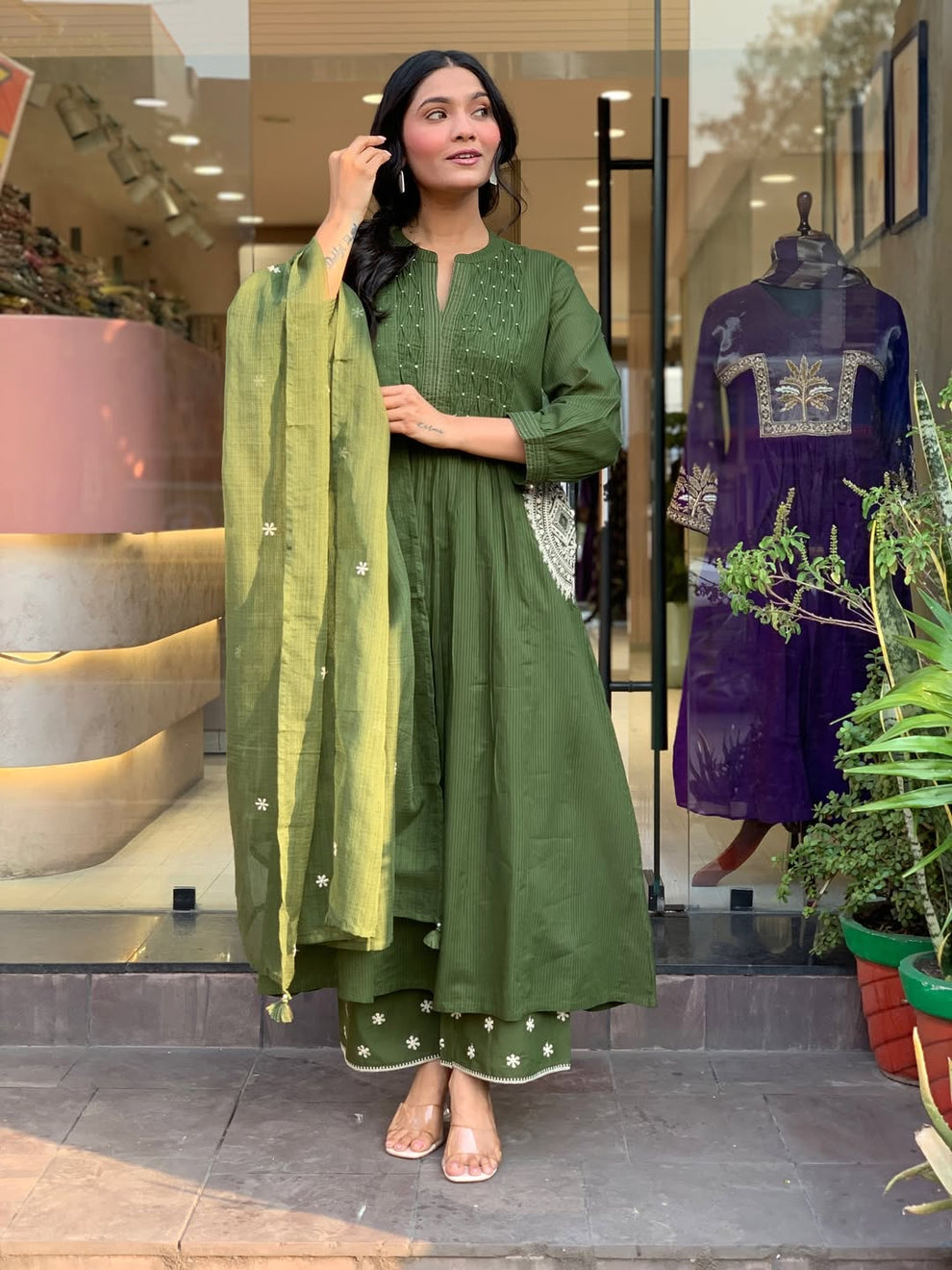 Olive Green Cotton Blend Embroidered Kurta With Pant & Dupatta Set