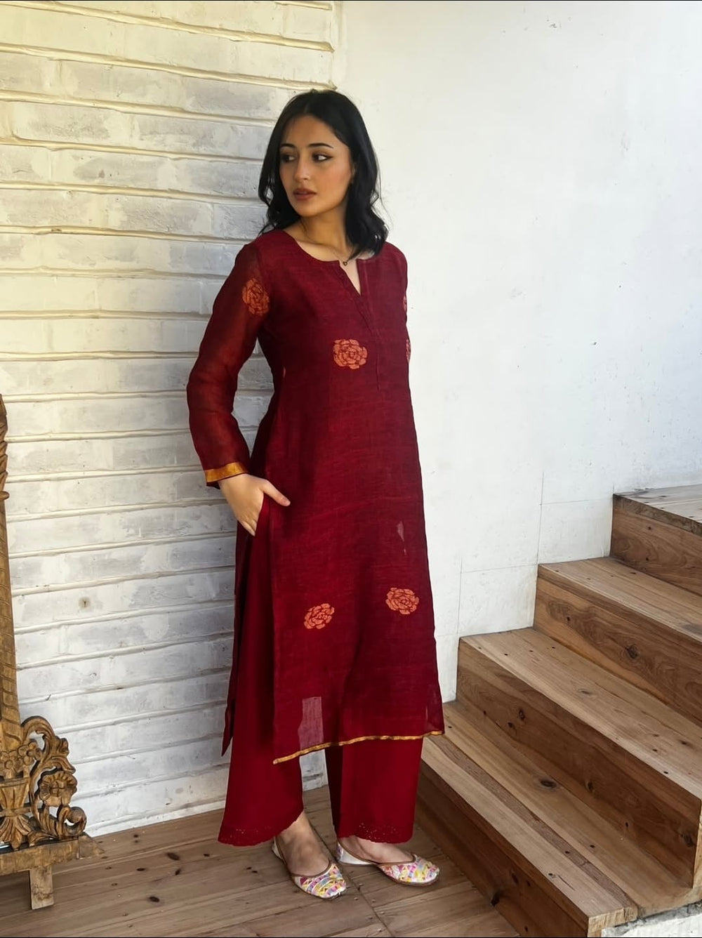 Maroon Straight Kurta Set featuring Exquisite Handwoven Border