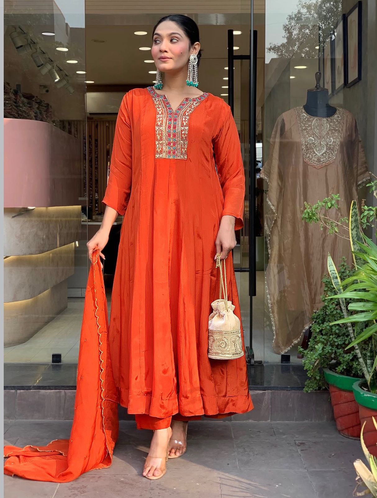 Orange Silk Blend Embroidered Festive Anarkali Suit Set