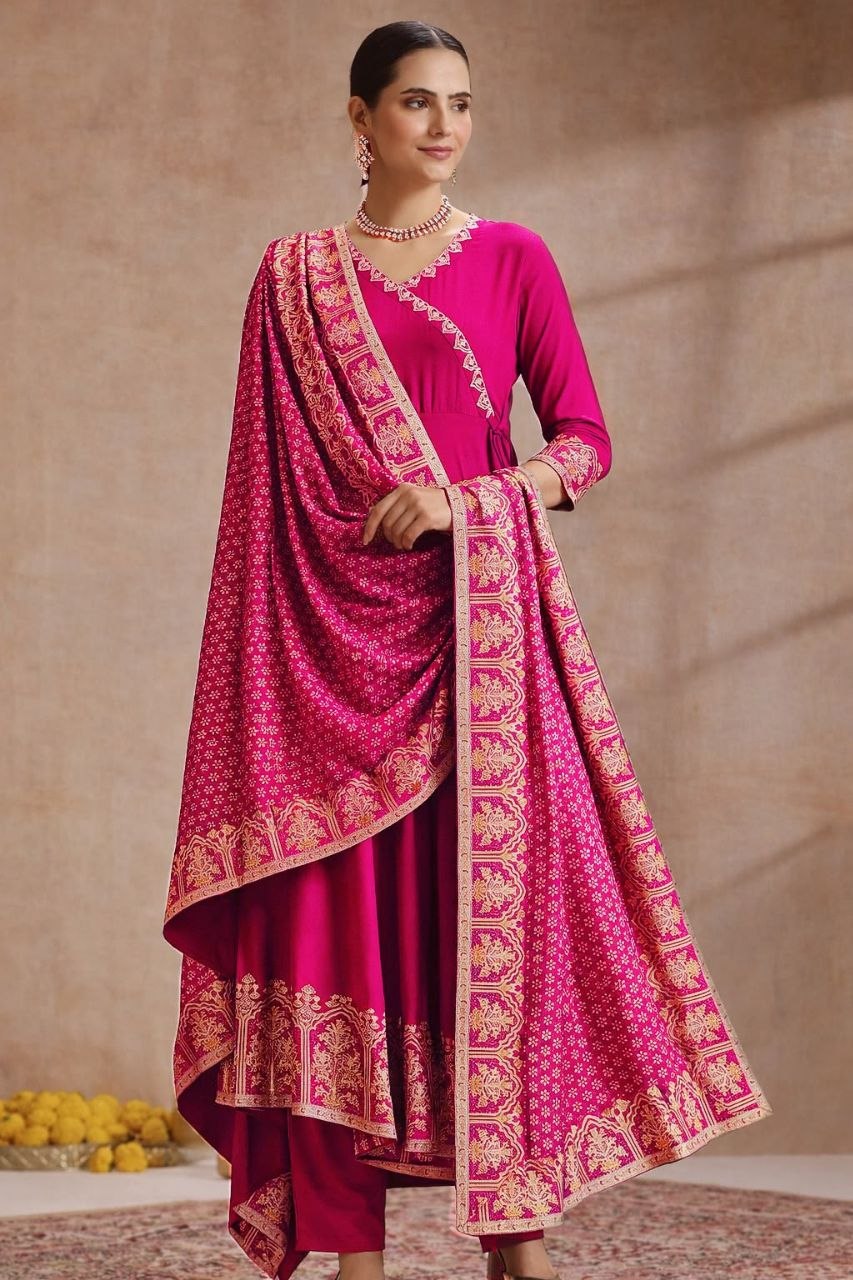 Rani Pink Anarkali Kurta Set with Zari Border Dupatta & Pants