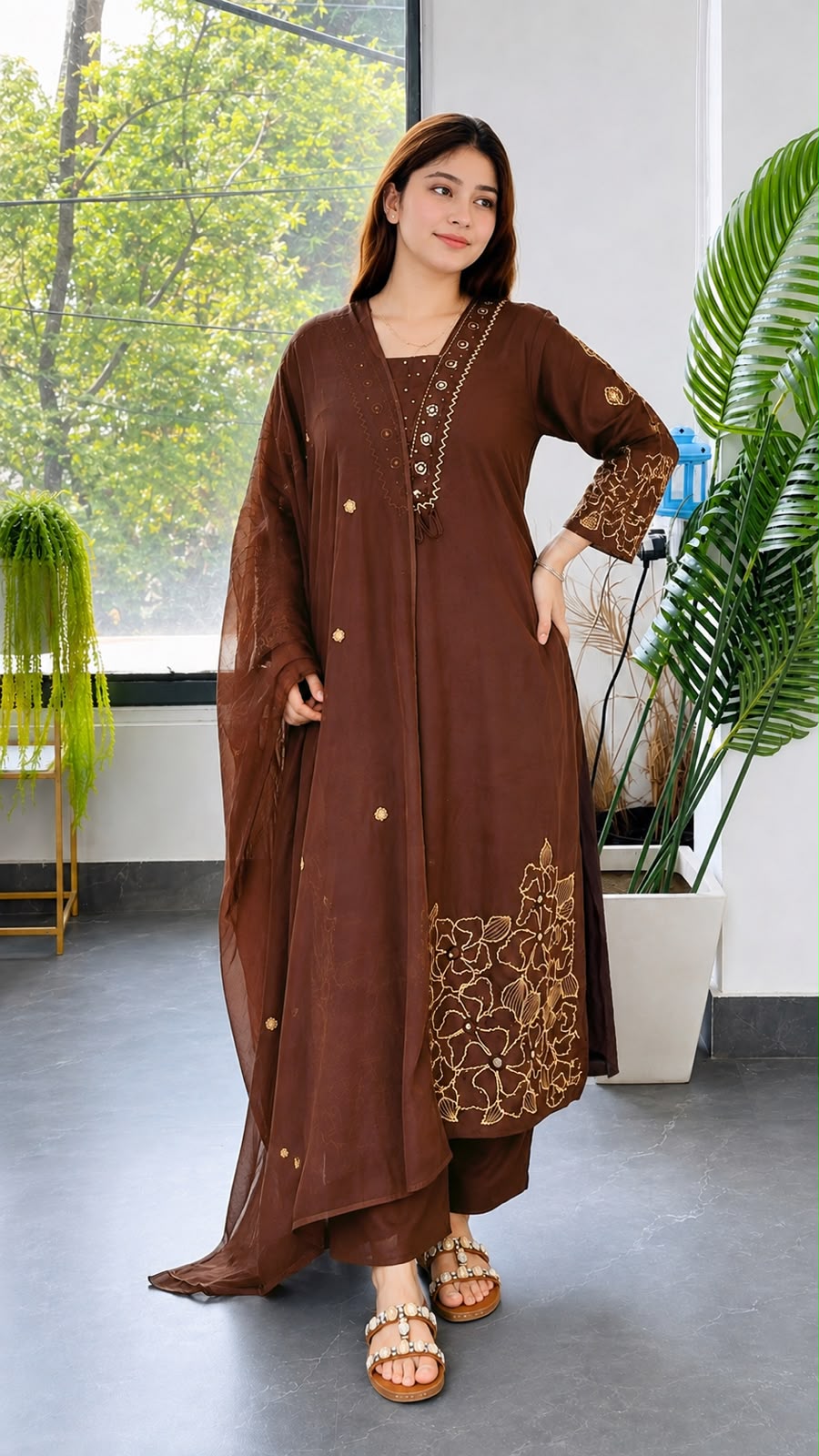 The Cocoa Blossom Silk Kurta Palazzo Set with Organza Dupatta