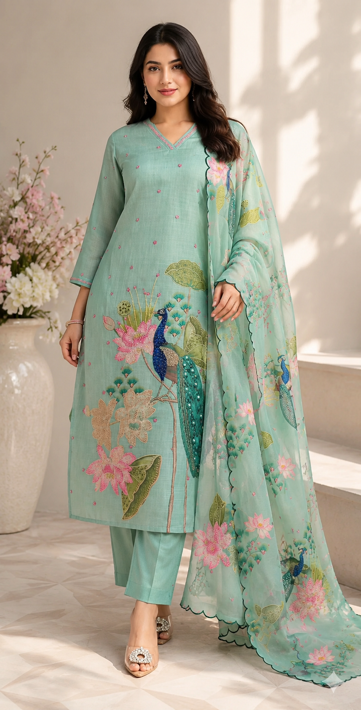 Mint Green Peacock Floral Printed Kurta Pant Dupatta Set for Women