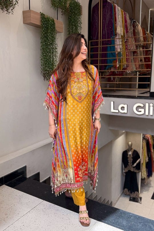 Yellow Mustard Printed Kaftan  Kurti Set with Beads Work & Pants