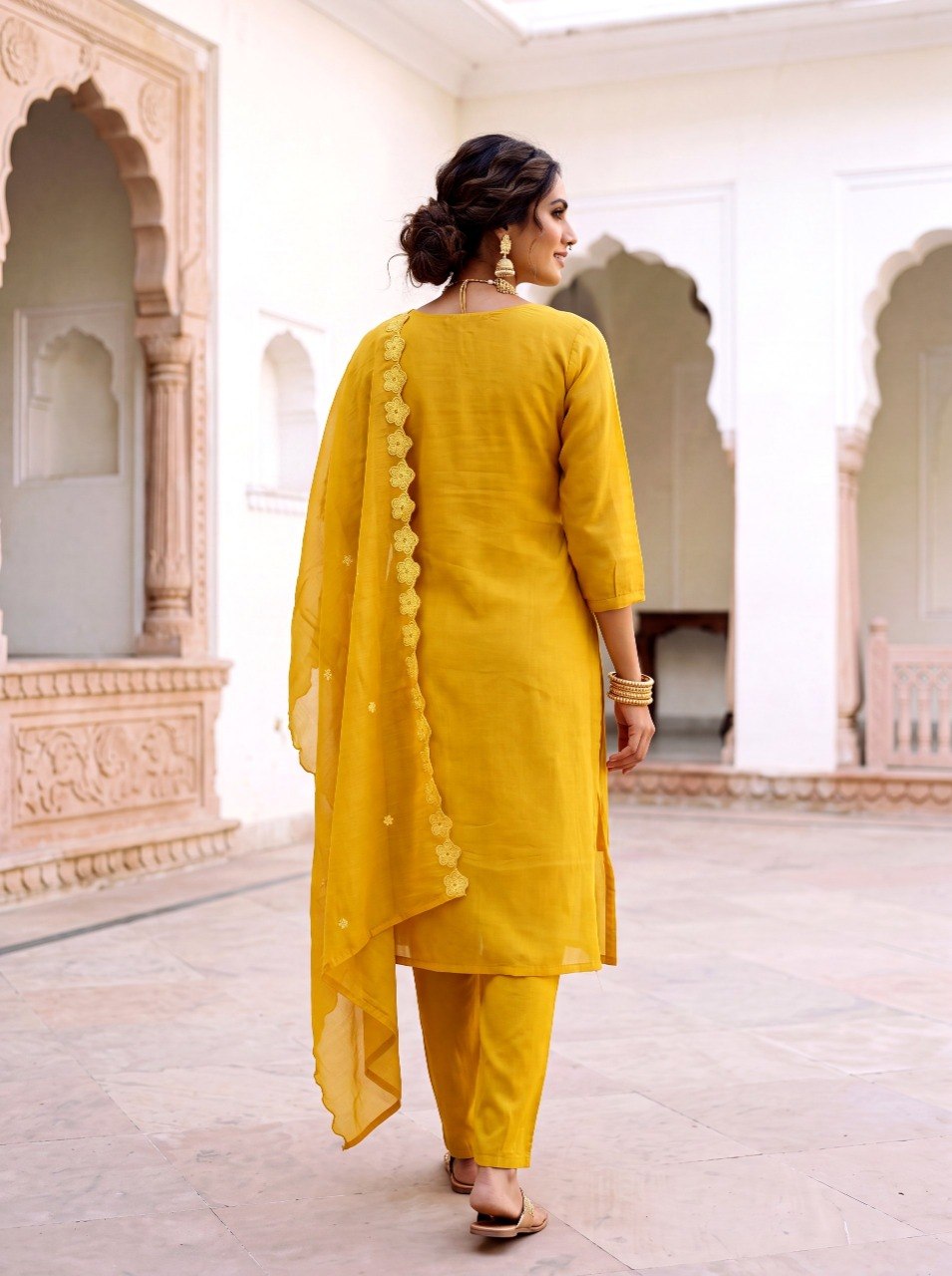 Mustard Meadow Embroidered Mul Silk Pant Set