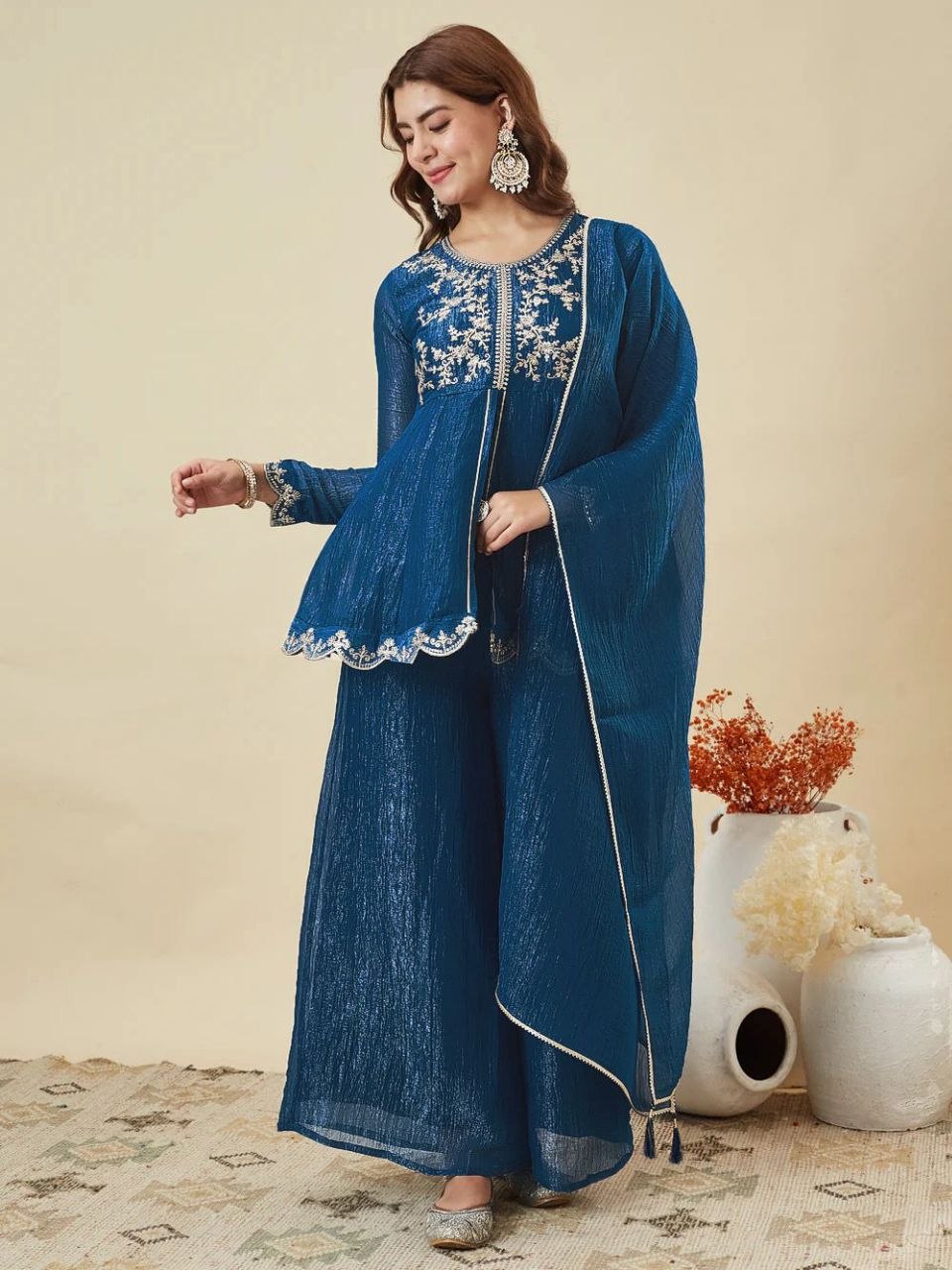 Royal Blue Embroidered Kurta Palazzo Set with Dupatta
