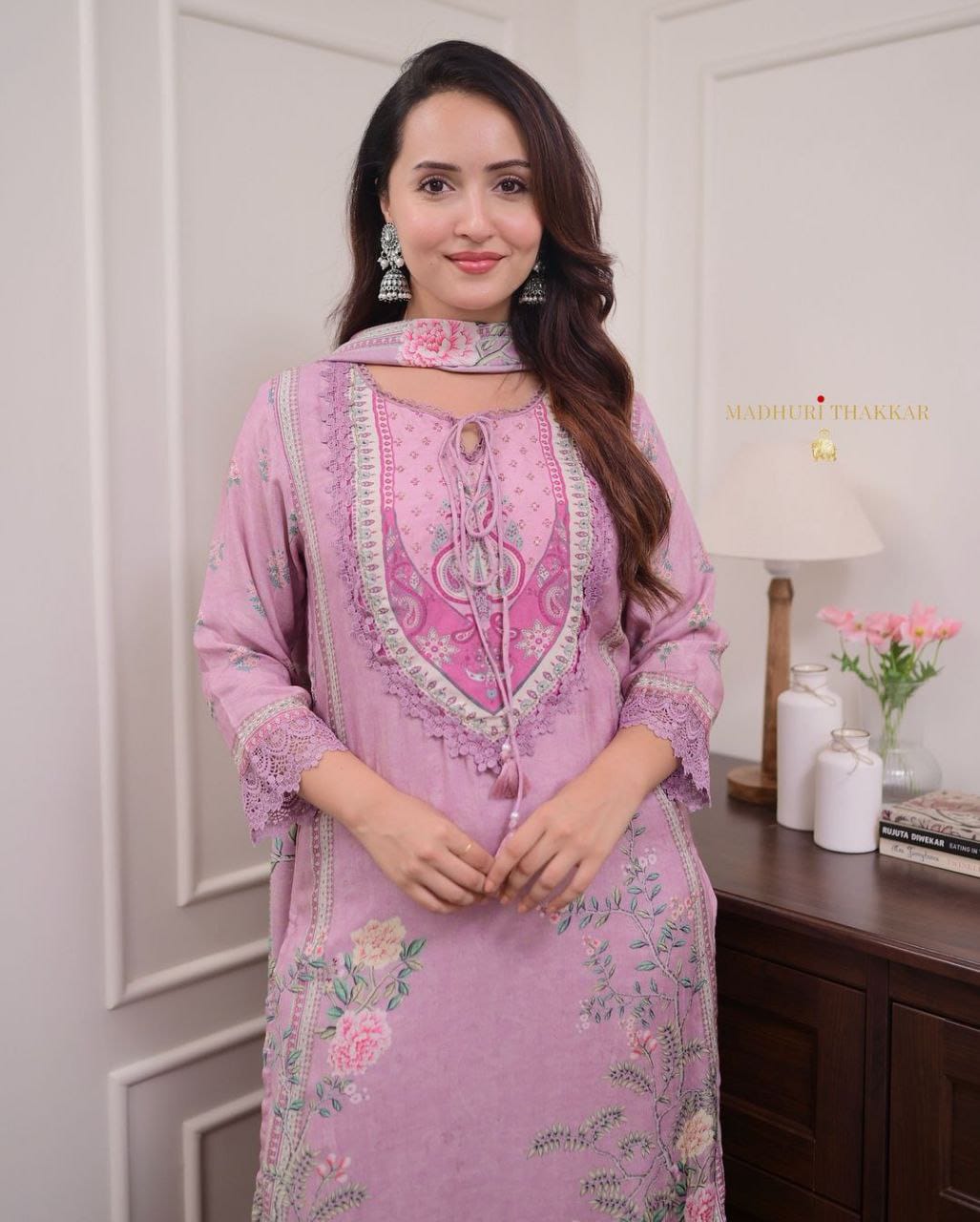 Elegant Lilac Floral Printed Straight Kurta, Pant & Dupatta Set for Women