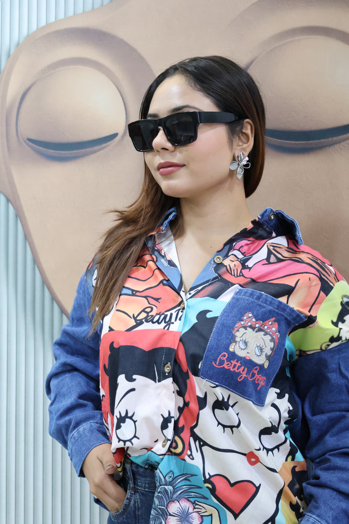 Cartoon rubber Print Denim Patch Shirt