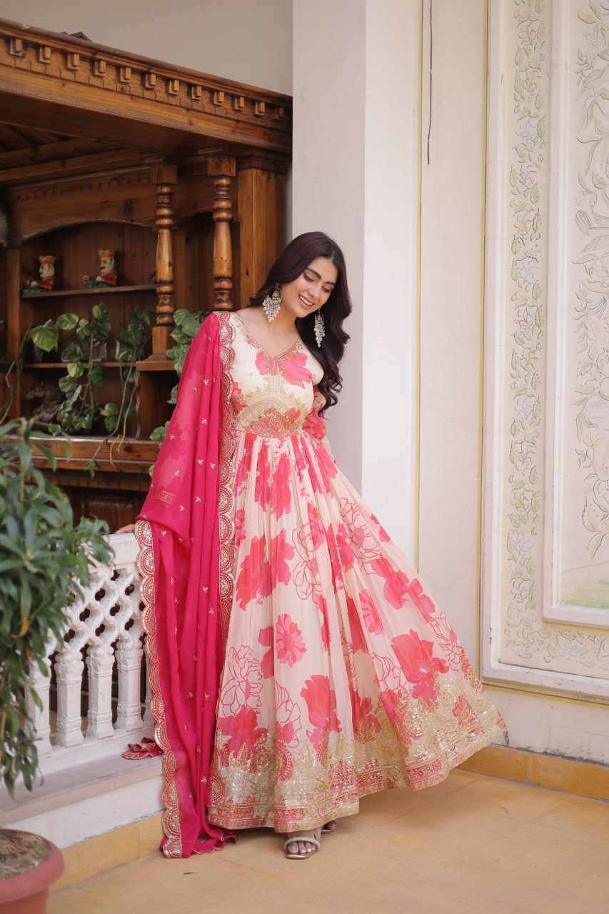 White With Pink Embroidery Zari Sequins Work Digital Printed Russian Silk Gown With Dupatta
