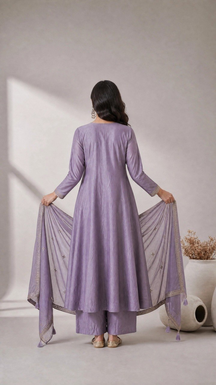 Lavender Embroidered Anarkali Kurta Palazzo Set with Dupatta