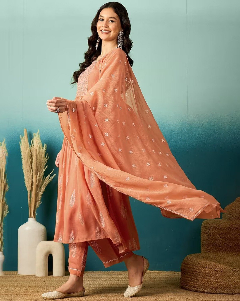 Pastel Peach Embroidered Flared Anarkali Kurta Set