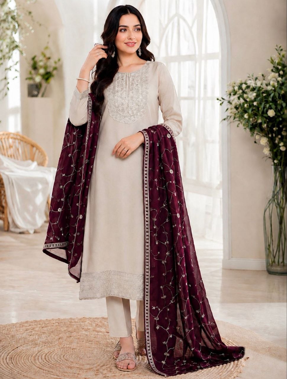Premium Beige Silk Kurta Set with Deep Wine Dupatta