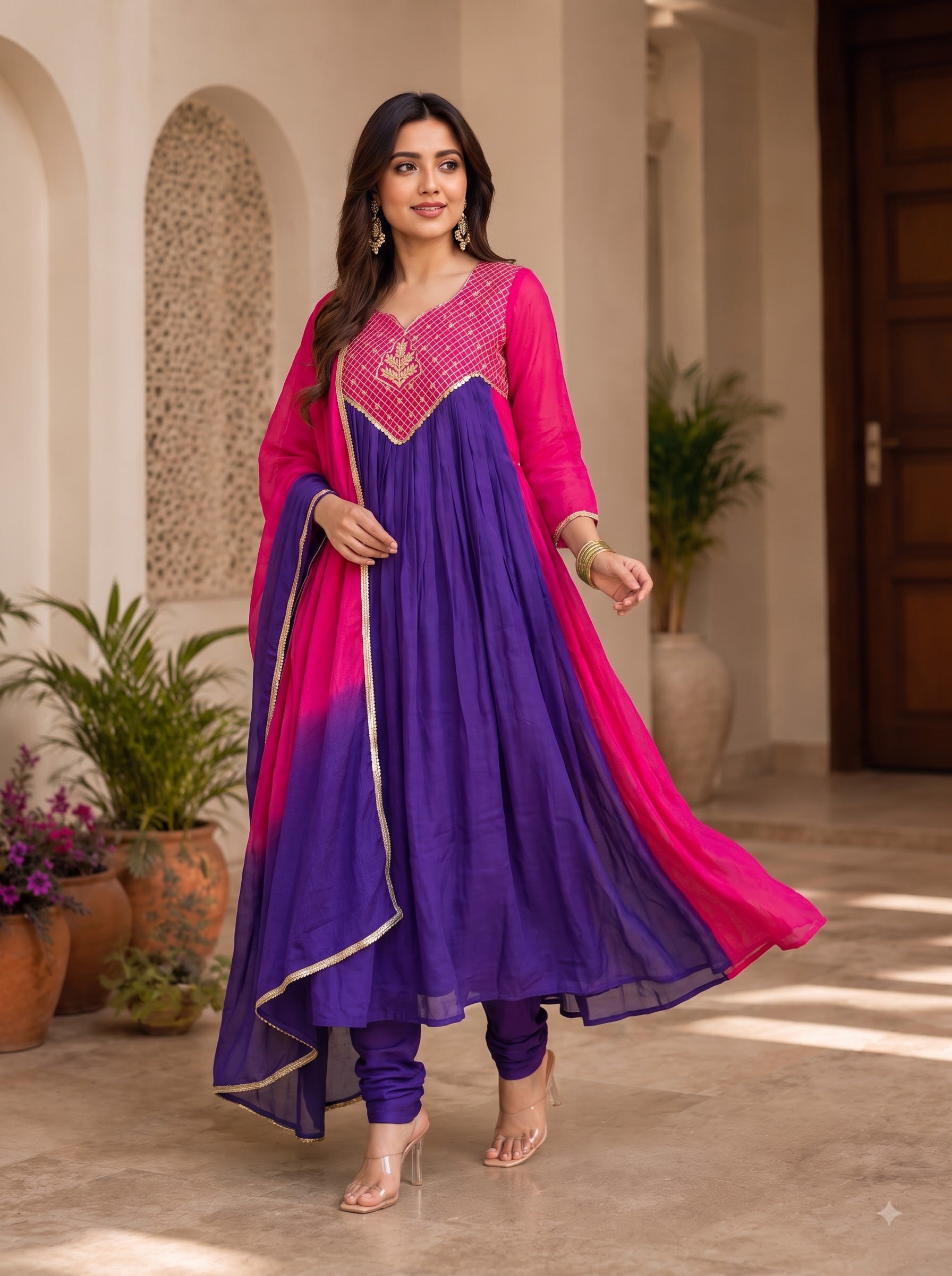 Ombre Embroidered Anarkali Suit Set with Dupatta