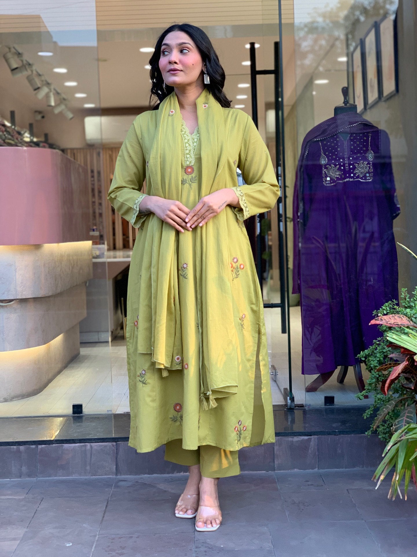 Pista Floral Embroidered Chanderi Kurta Set with Dupatta