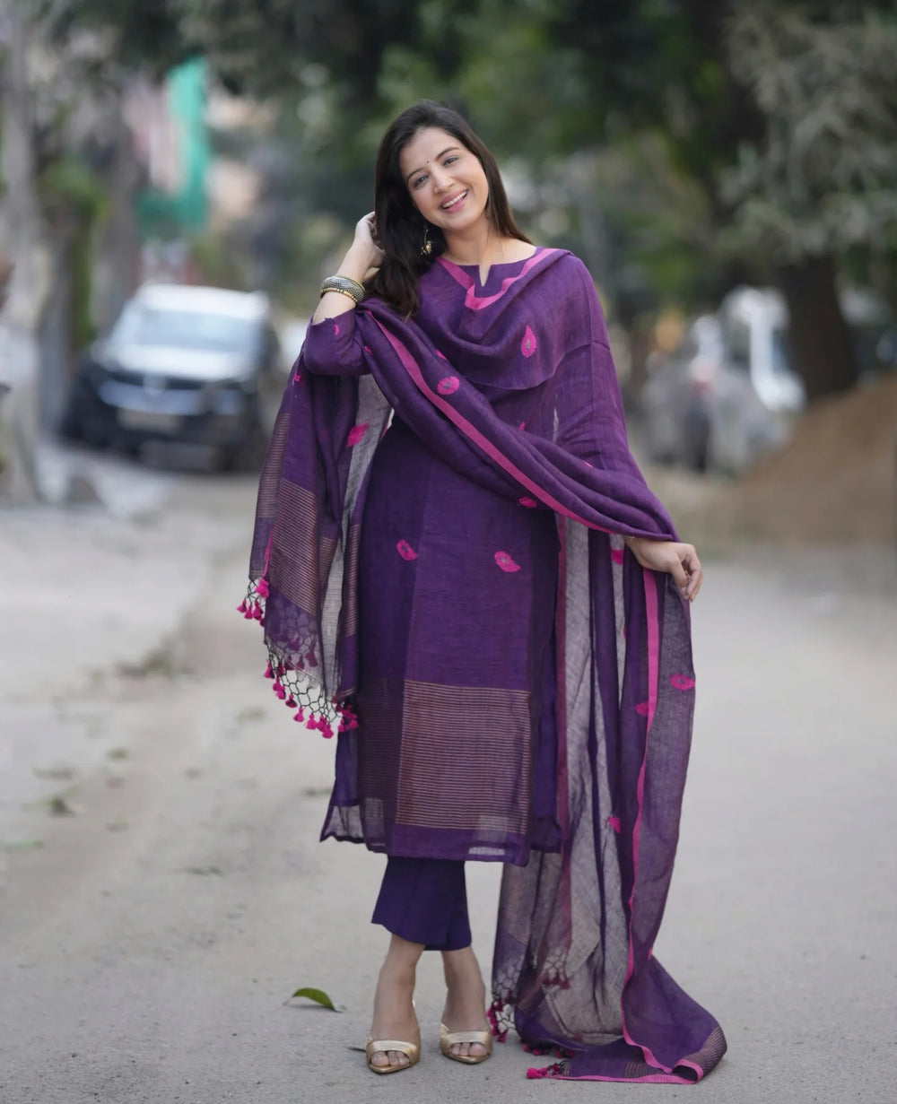 Purple Ethnic Kurta Pant Set with Dupatta