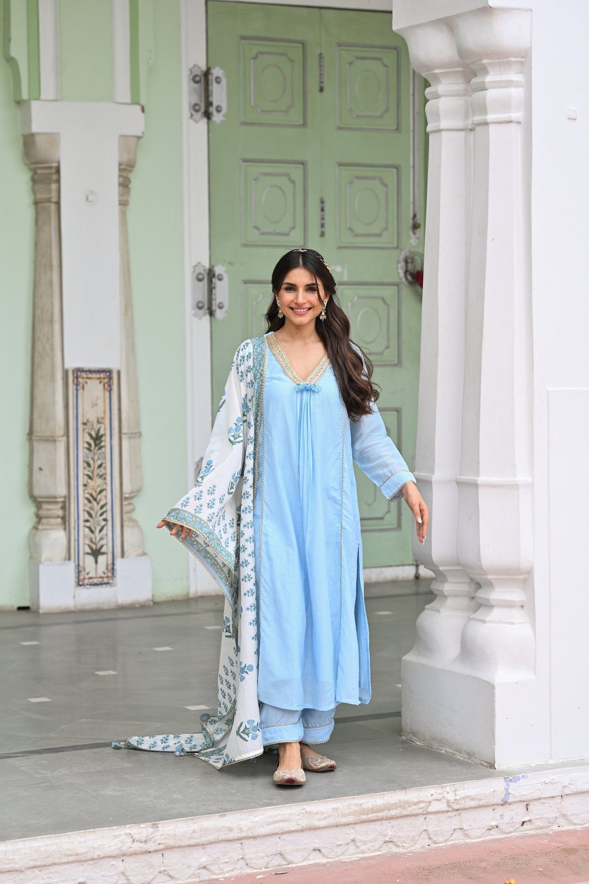Mahee Jaipur Powder Blue Pure Mul Kurta With Pant And Dupatta Set