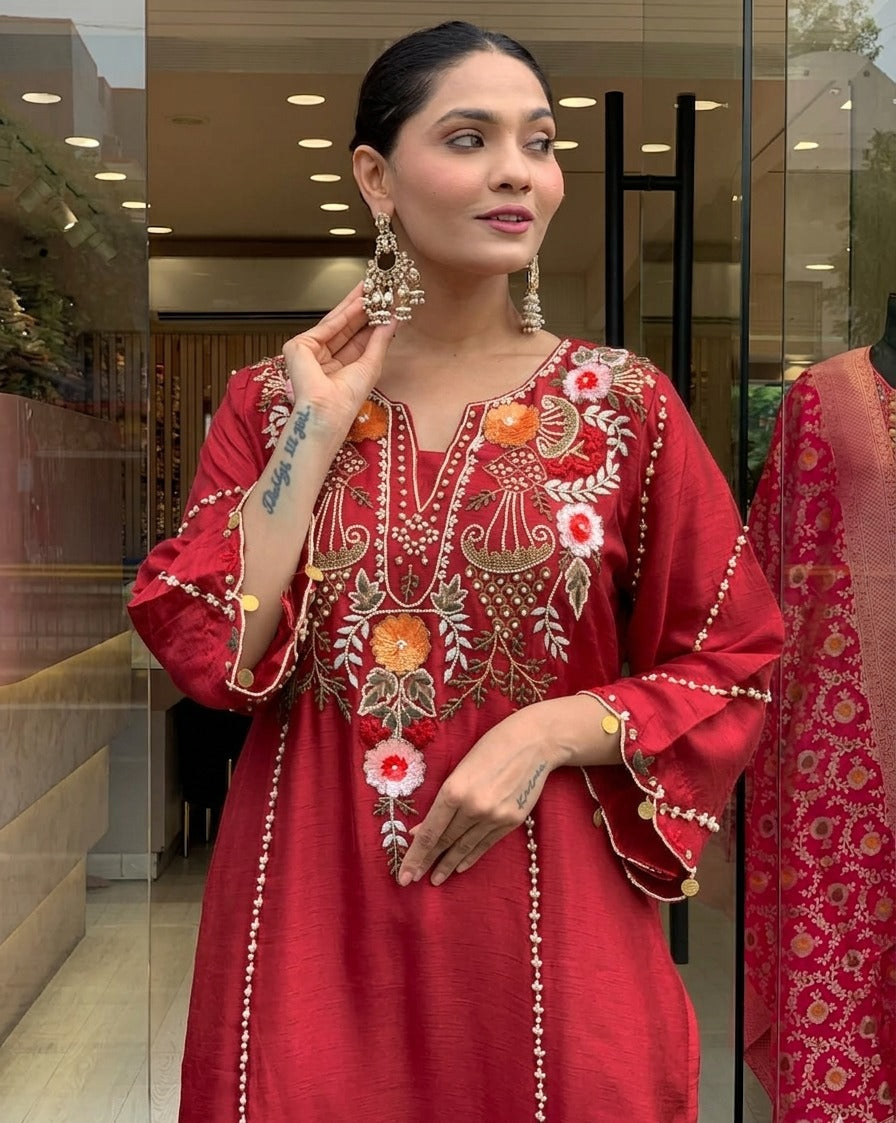 Elegant Maroon Chanderi Silk Heavily Embroidered Kurta Pant Set With Dupatta
