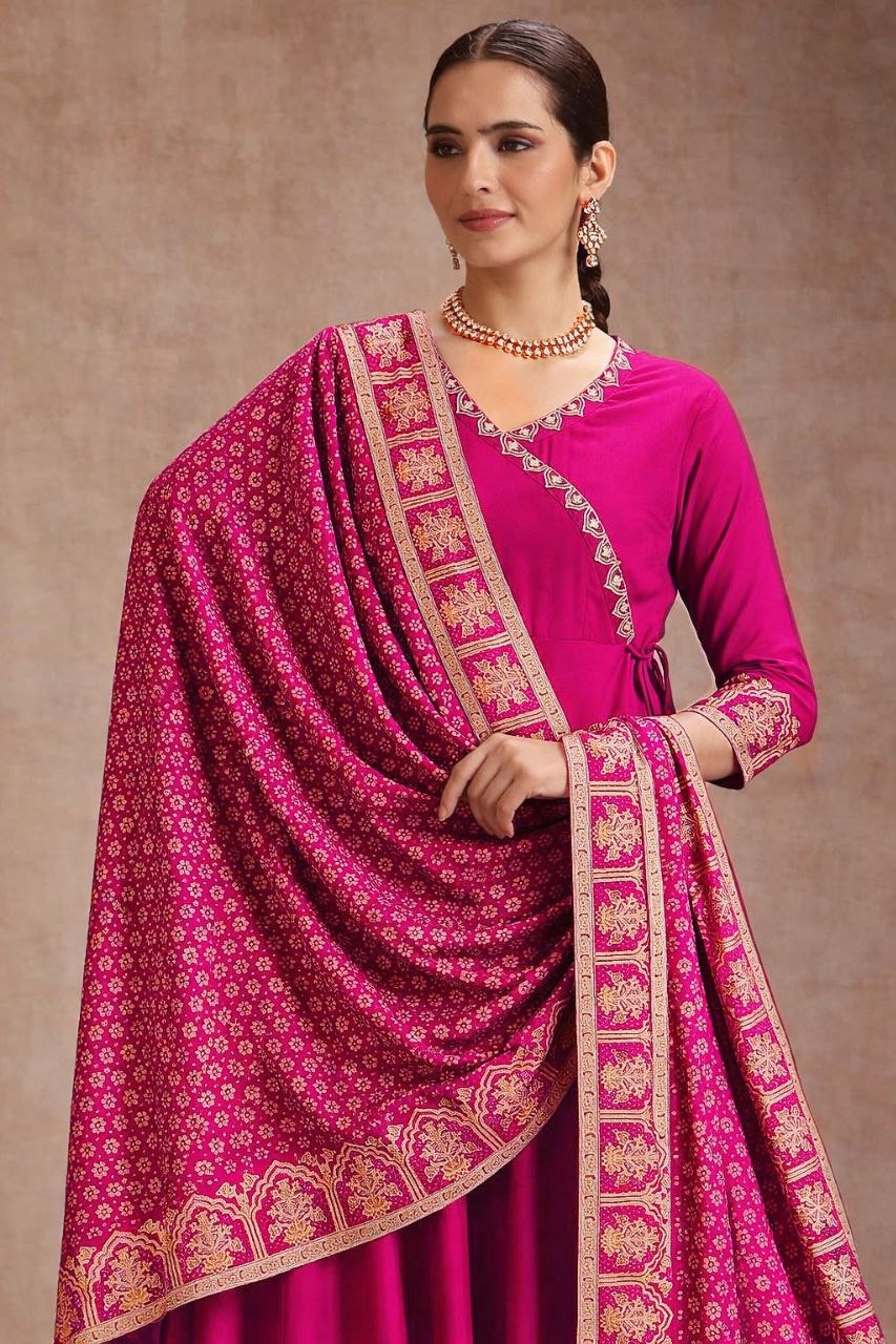 Rani Pink Anarkali Kurta Set with Zari Border Dupatta & Pants