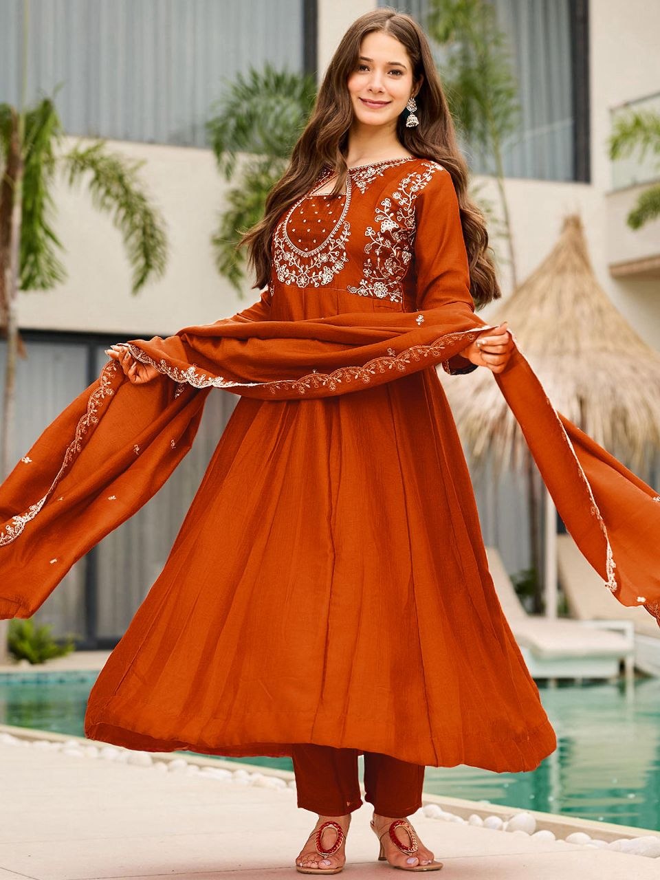 Rust Orange Vichitra Silk Embroidered Anarkali Kurta Pant Set With Dupatta