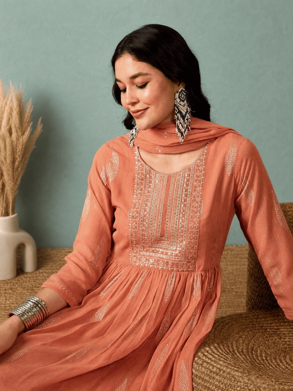 Pastel Peach Embroidered Flared Anarkali Kurta Set