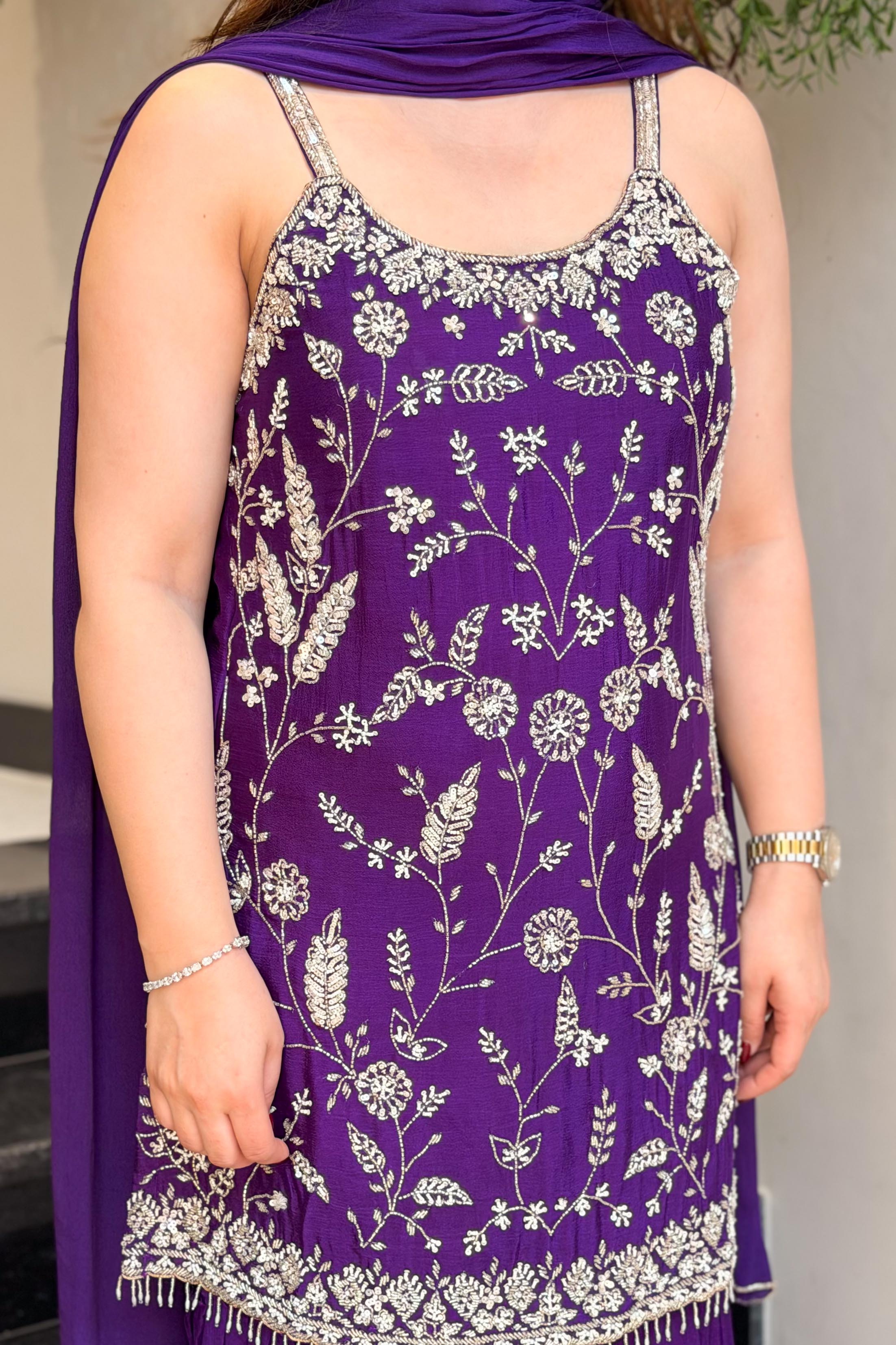 Majestic Purple Sequins Work Kurta Sharara Set