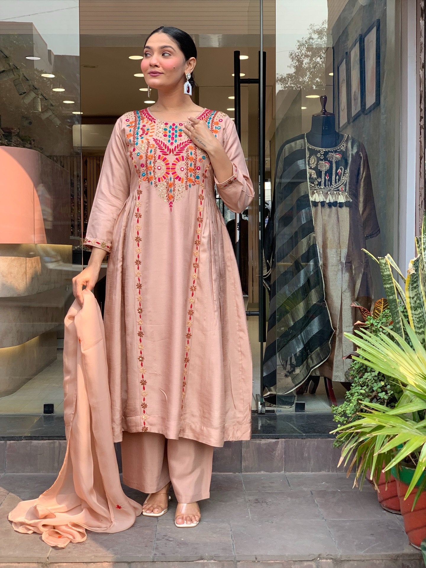 Elegant Peach Embroidered Anarkali Kurta Pant Set with Dupatta