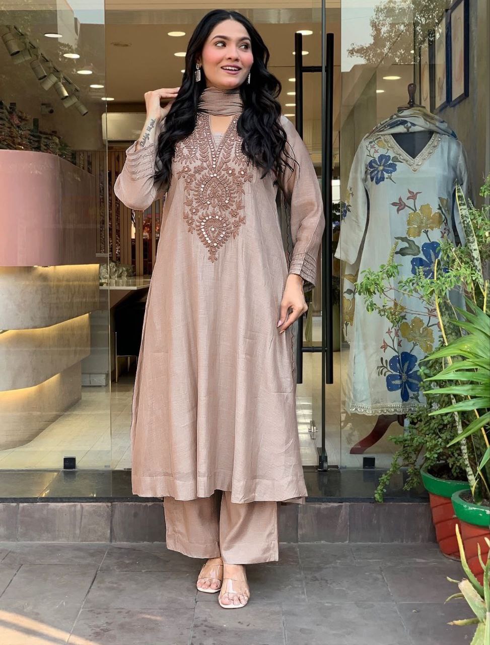 Light Beige Embroidered Kurta Set