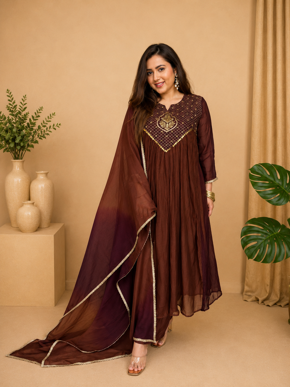 Premium Pure Mul Chanderi Festive Anarkali Suit Set in Espresso Brown