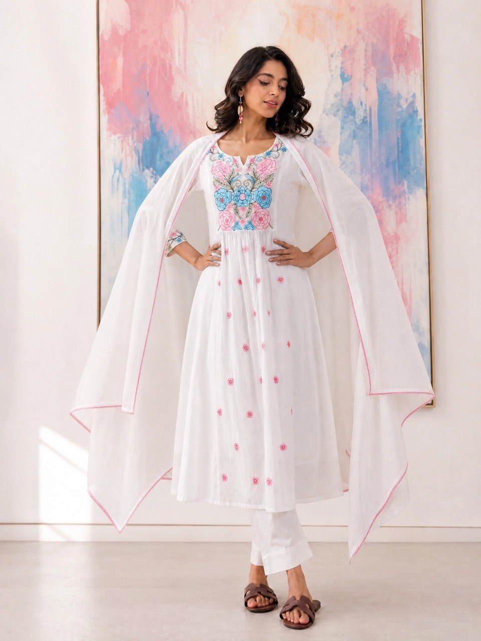 Elegant Ivory White Cotton Flared Anarkali Suit Set with Multi-Color Floral Embroidery & Cape-Style Dupatta