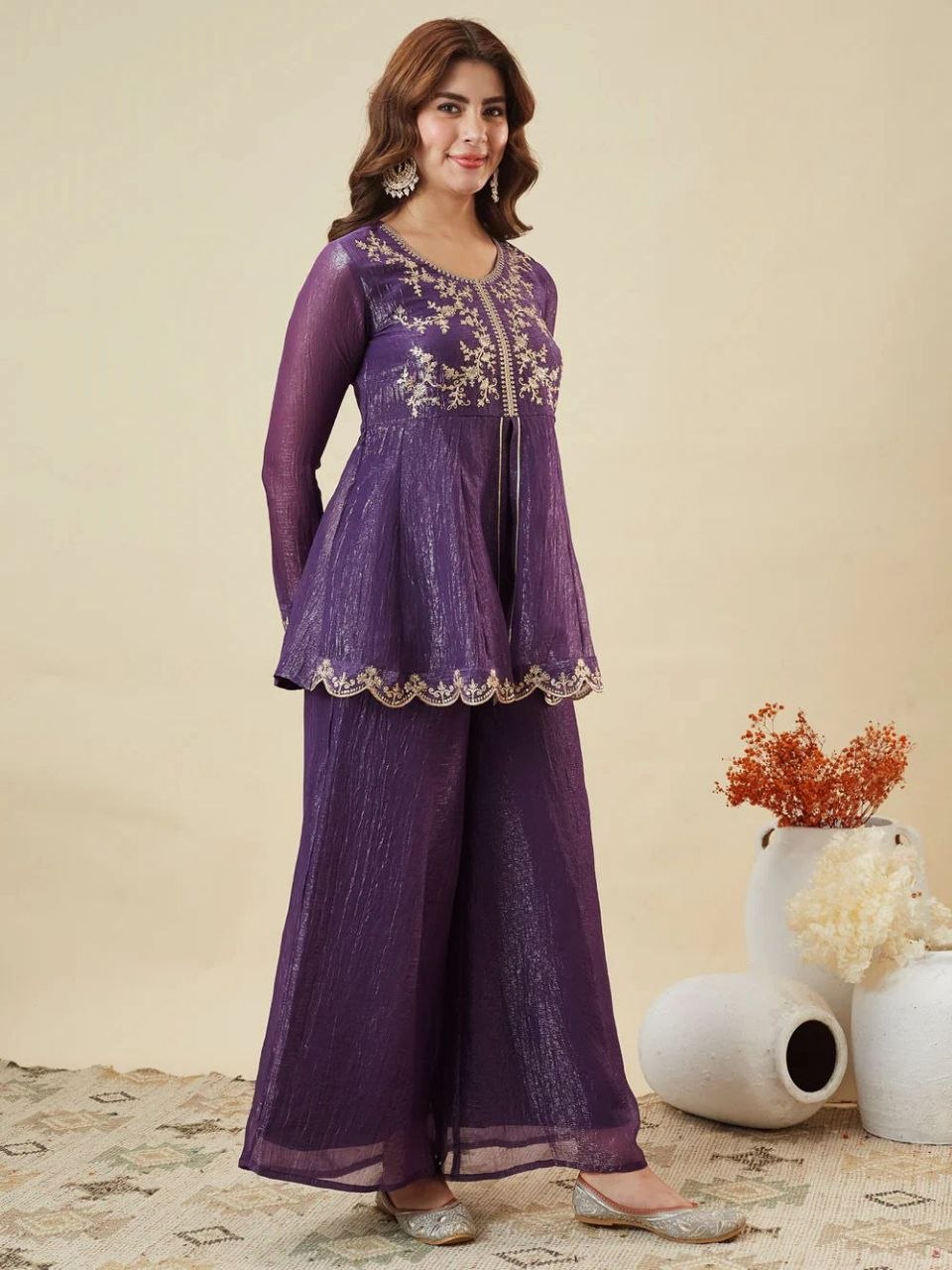 Purple Embroidered Kurta Palazzo Set with Dupatta