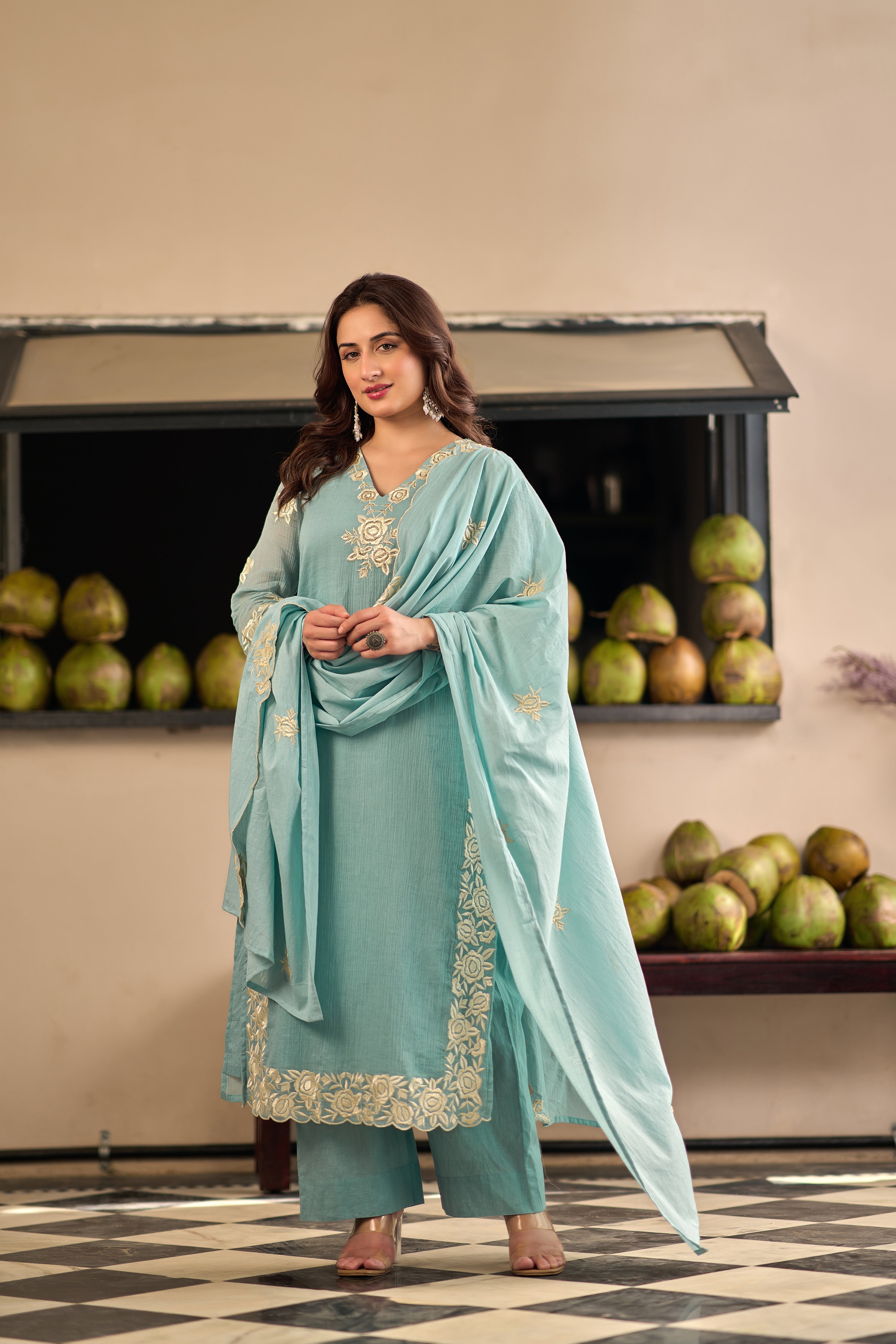 Sky Petal Elegance Sky Blue Embroidered Kurta Set with Dupatta