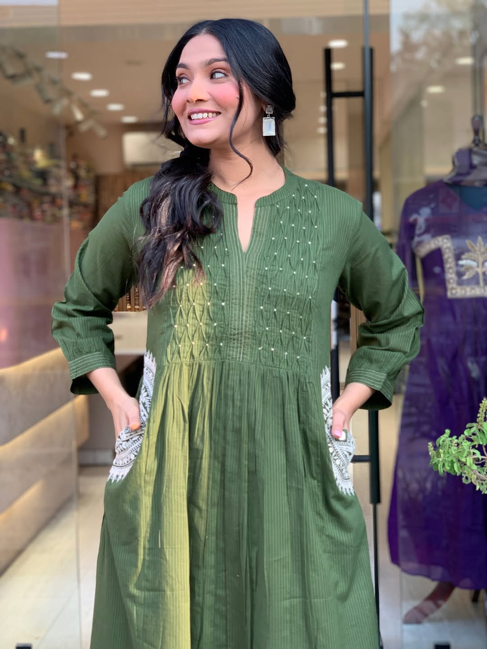 Olive Green Cotton Blend Embroidered Kurta With Pant & Dupatta Set