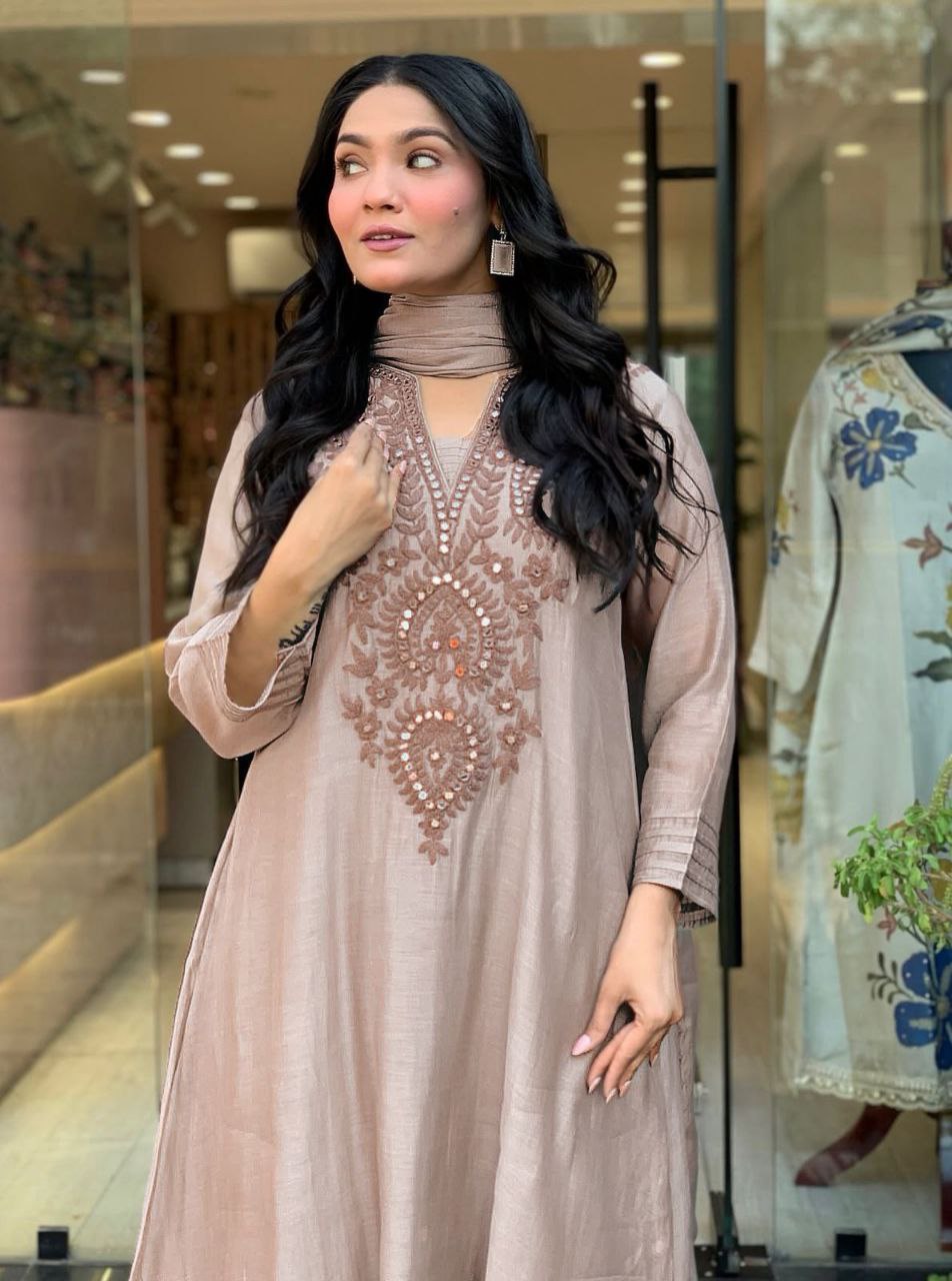 Light Beige Embroidered Kurta Set