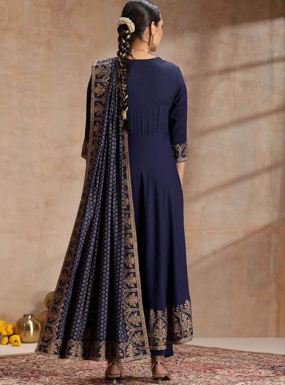 Navy Blue Anarkali Kurta Set with Zari Border Dupatta & Pants