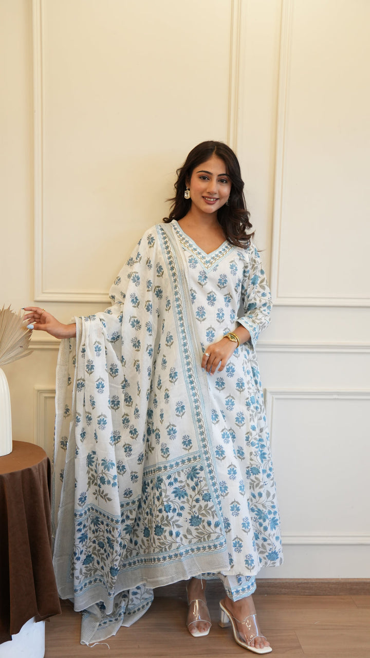 Grey White Cotton Afghani Kurti With Pant & Dupatta Set