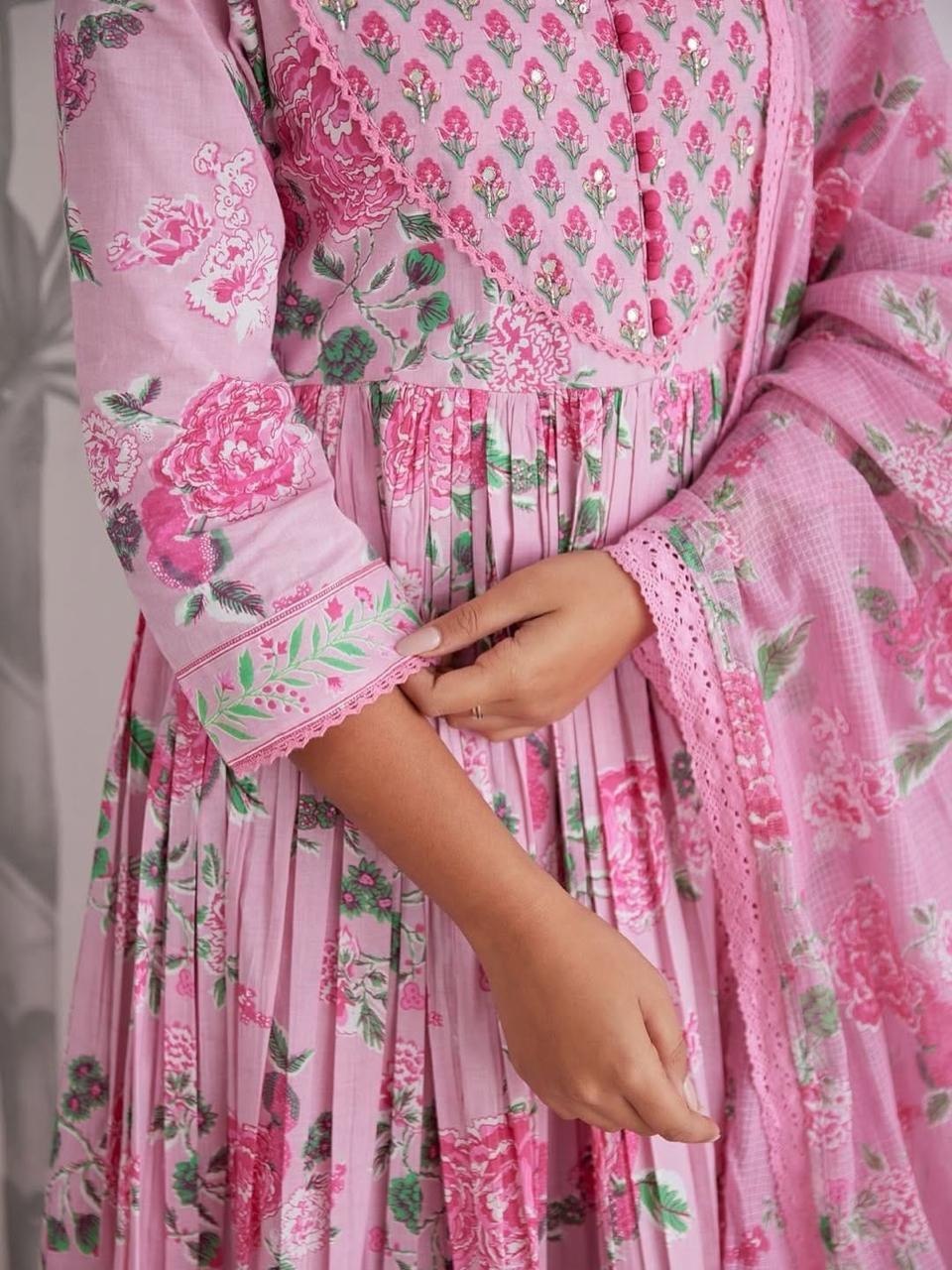 Premium Pink Floral Jaipuri Cotton 6060 Flared Anarkali Suit Set with Pant & Dupatta