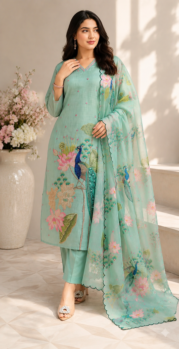 Mint Green Peacock Floral Printed Kurta Pant Dupatta Set for Women