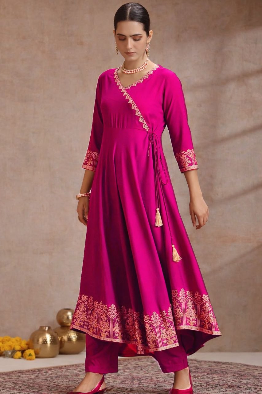 Rani Pink Anarkali Kurta Set with Zari Border Dupatta & Pants