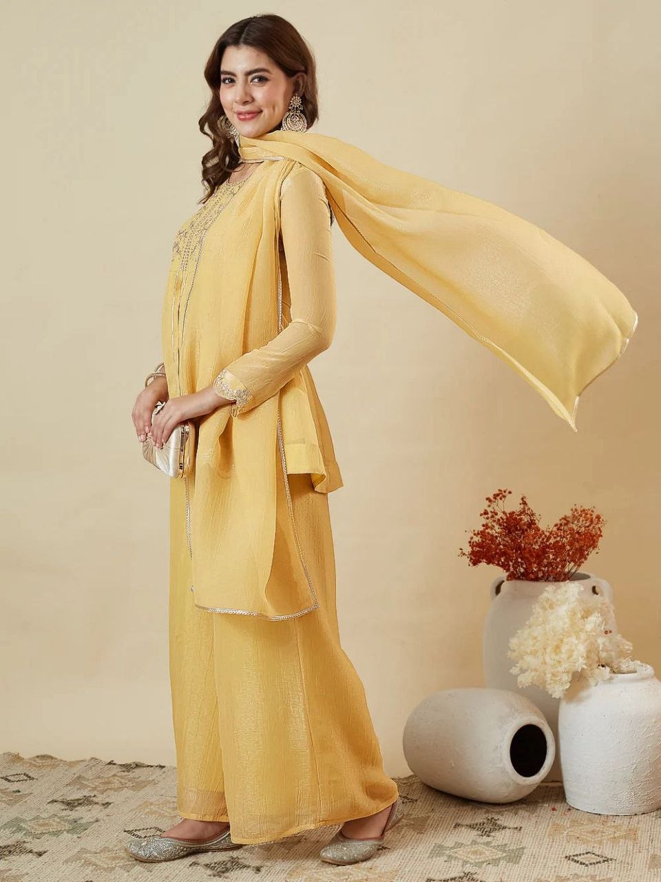 Mustard Yellow Embroidered Kurta Palazzo Set with Dupatta