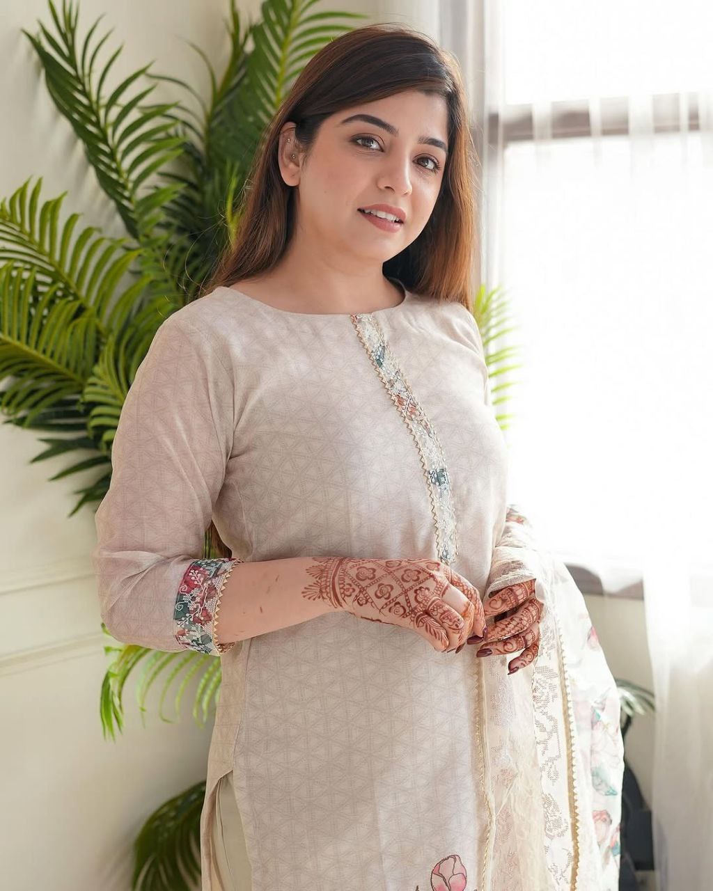 Elegant Beige Floral Linen Cotton Kurti Pant & Dupatta Set
