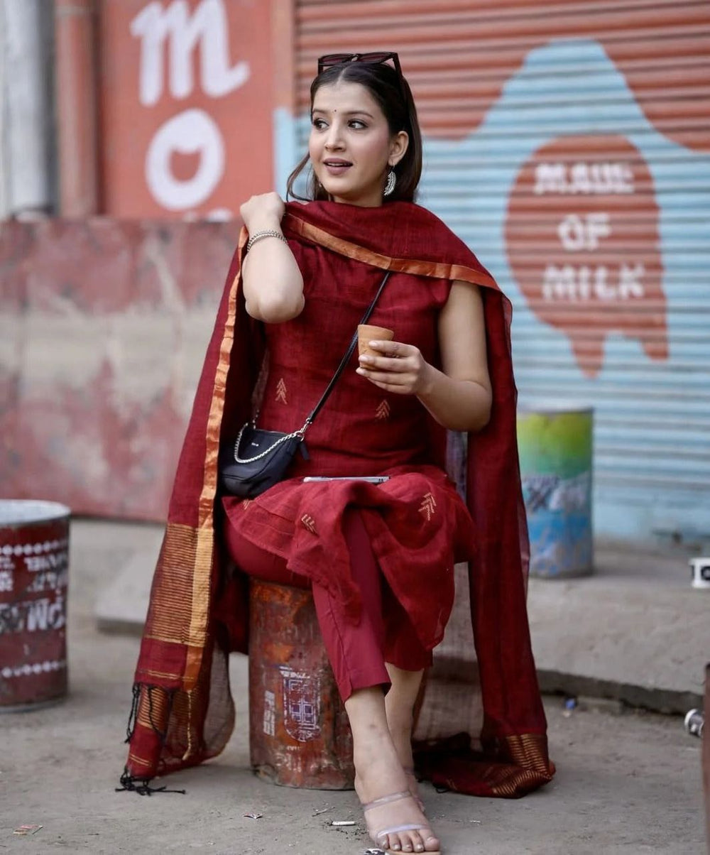 Solid Maroon Sleeveless Kurta Set with Handwoven Dupatta