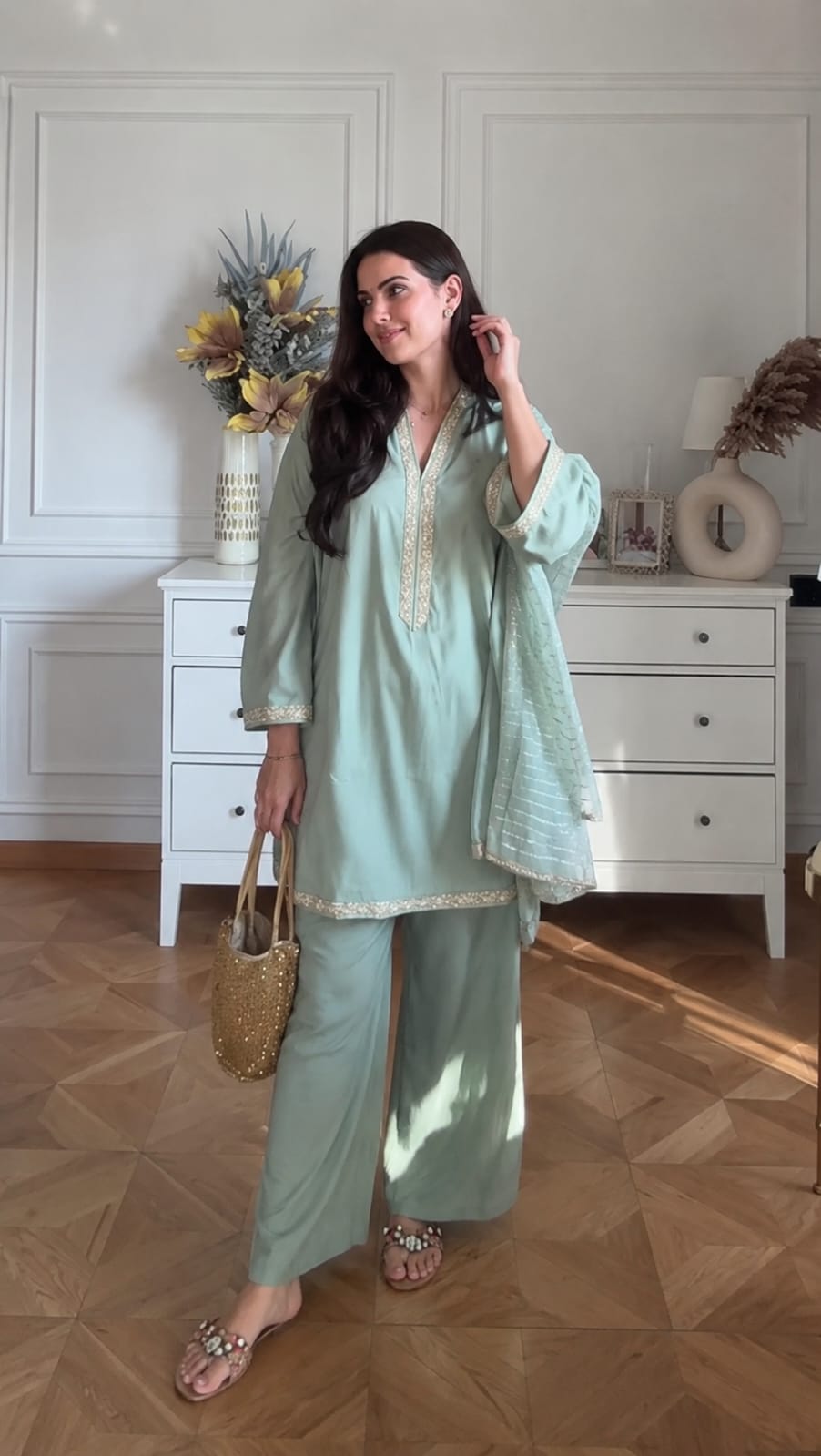 Natasa Inspired Embroidered Kurta Palazzo Set