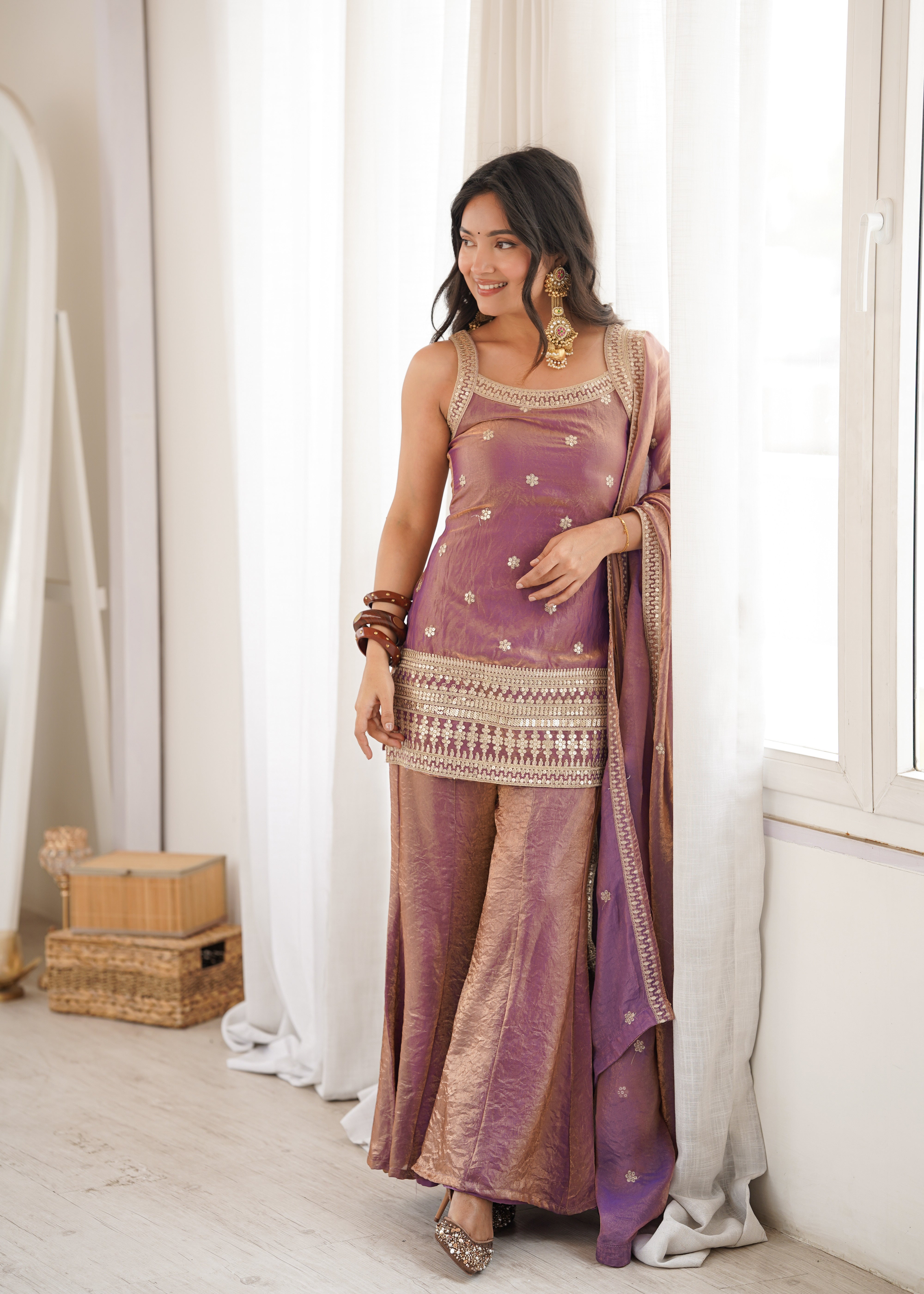 Royal Mauve Silk Embroidered Sharara Suit with Fancy Lace Border